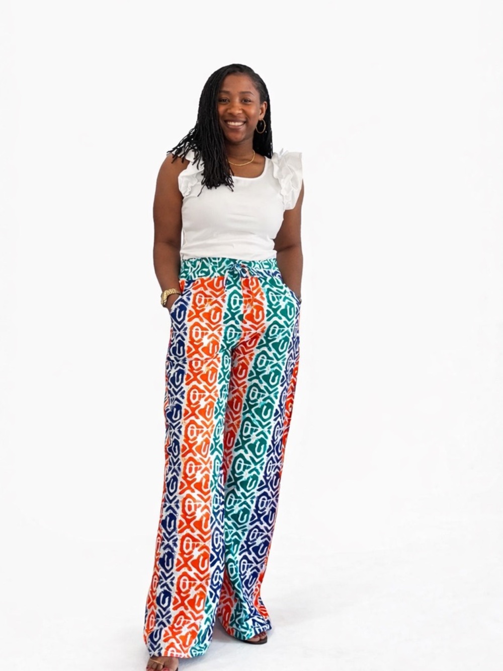 Wide-Leg African Print (ankara) Pants - Multicolor - blue, green and orange